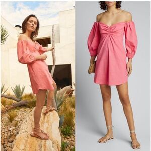 NWT A.L.C. Mila Linen Blend Smocked Off-Shoulder Mini Dress Pink Size 10